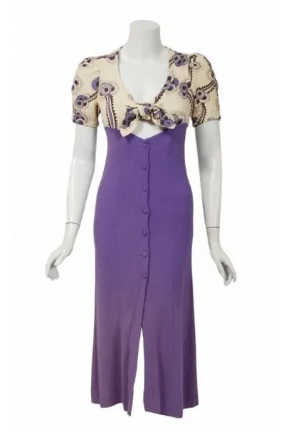 1970 Ossie Clark Purple Crepe Celia Birtwell Floral Print Key-Hole Plunge Dress