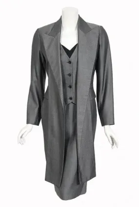 1997 Alexander McQueen Sharkskin Wool Hourglass Gray Dress w/ Jacket