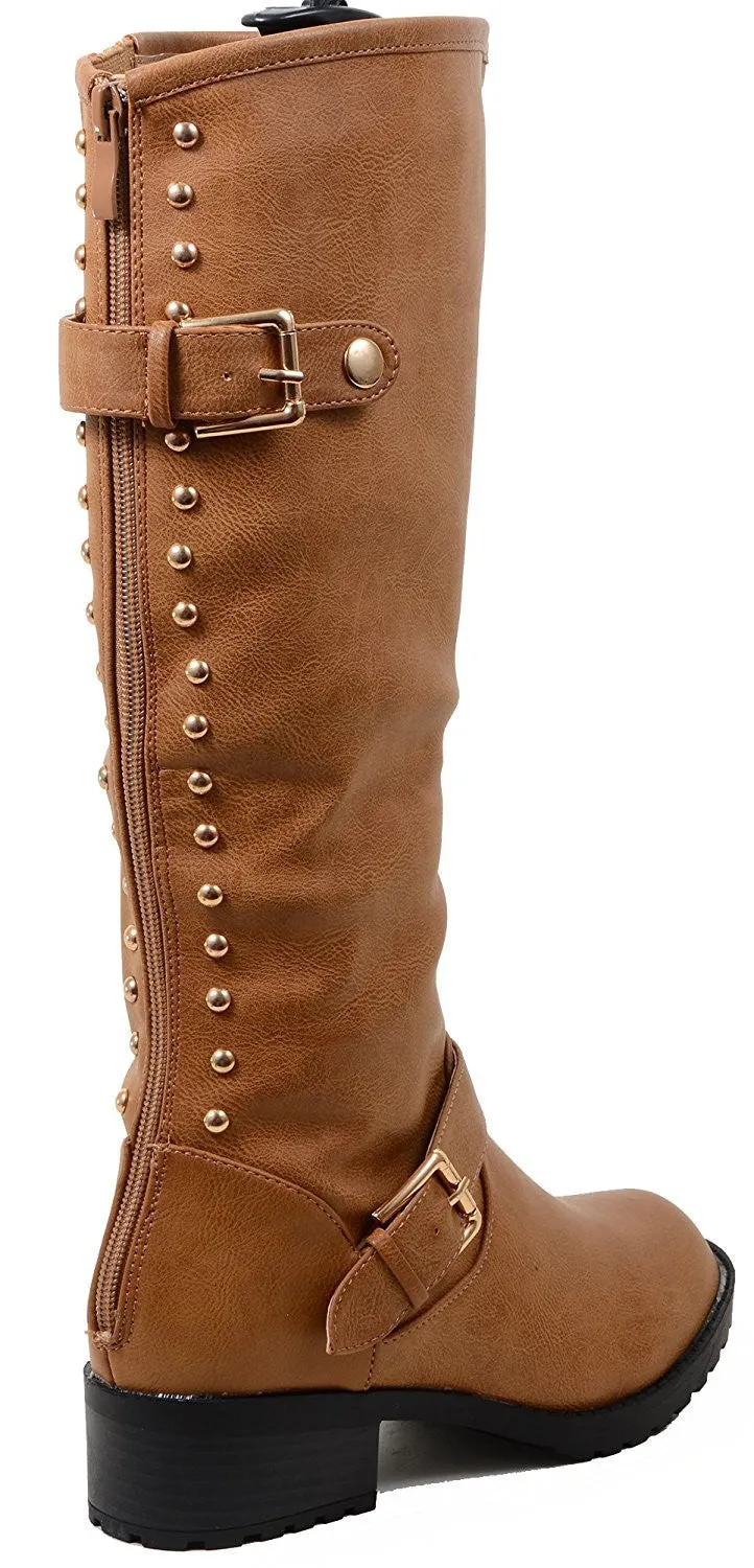 4everfunky Studded Buckle Riding Knee Vegan Leather Women's Boot