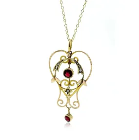 Antique Edwardian Garnet & Pearl 9ct Gold Pendant Necklace