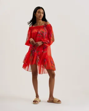 Ariizon Floral Bardot Beach Cover Up Brt-Red