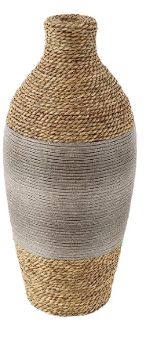 BROWN SEAGRASS HANDMADE WRAPPED VASE WITH LAYERED GRAY PANELING, 8" X 8" X 19"