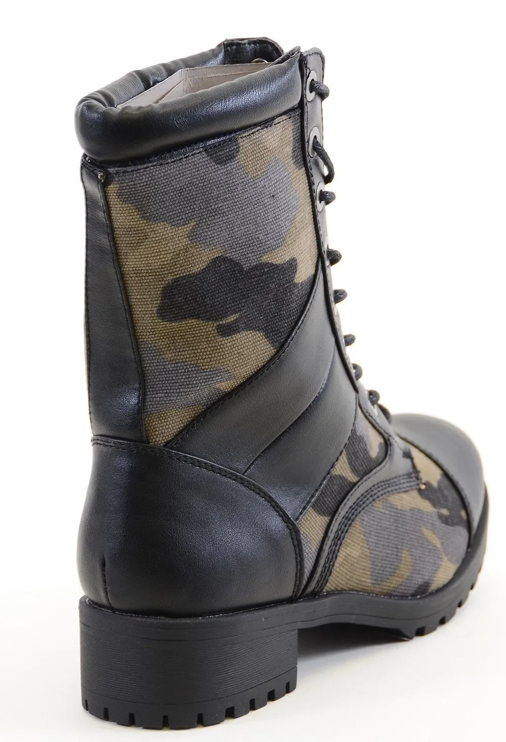 Cap Toe Black Camoflauge 8i Lace Up Lug Sole Combat Vegan Boots Women's