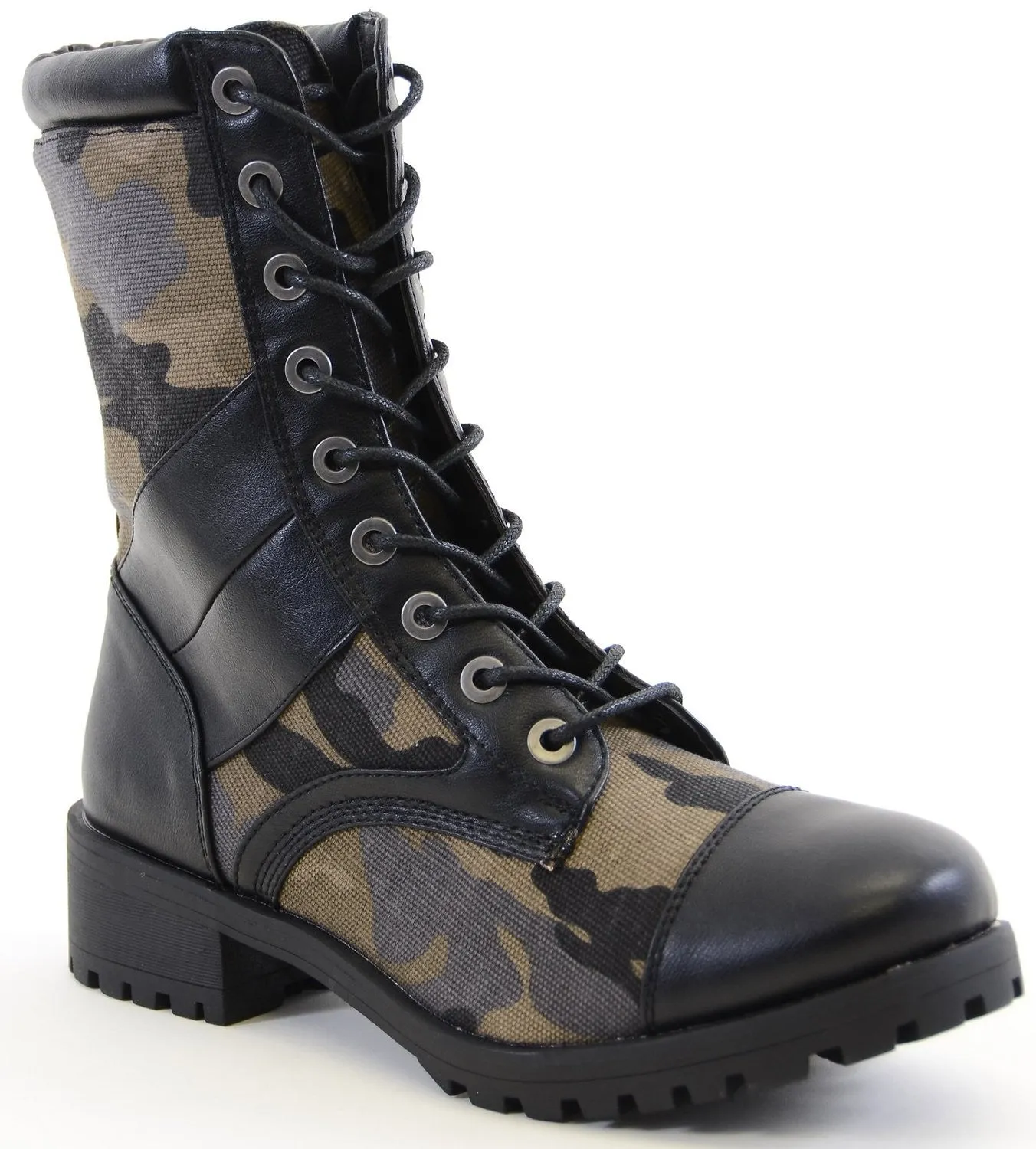 Cap Toe Black Camoflauge 8i Lace Up Lug Sole Combat Vegan Boots Women's