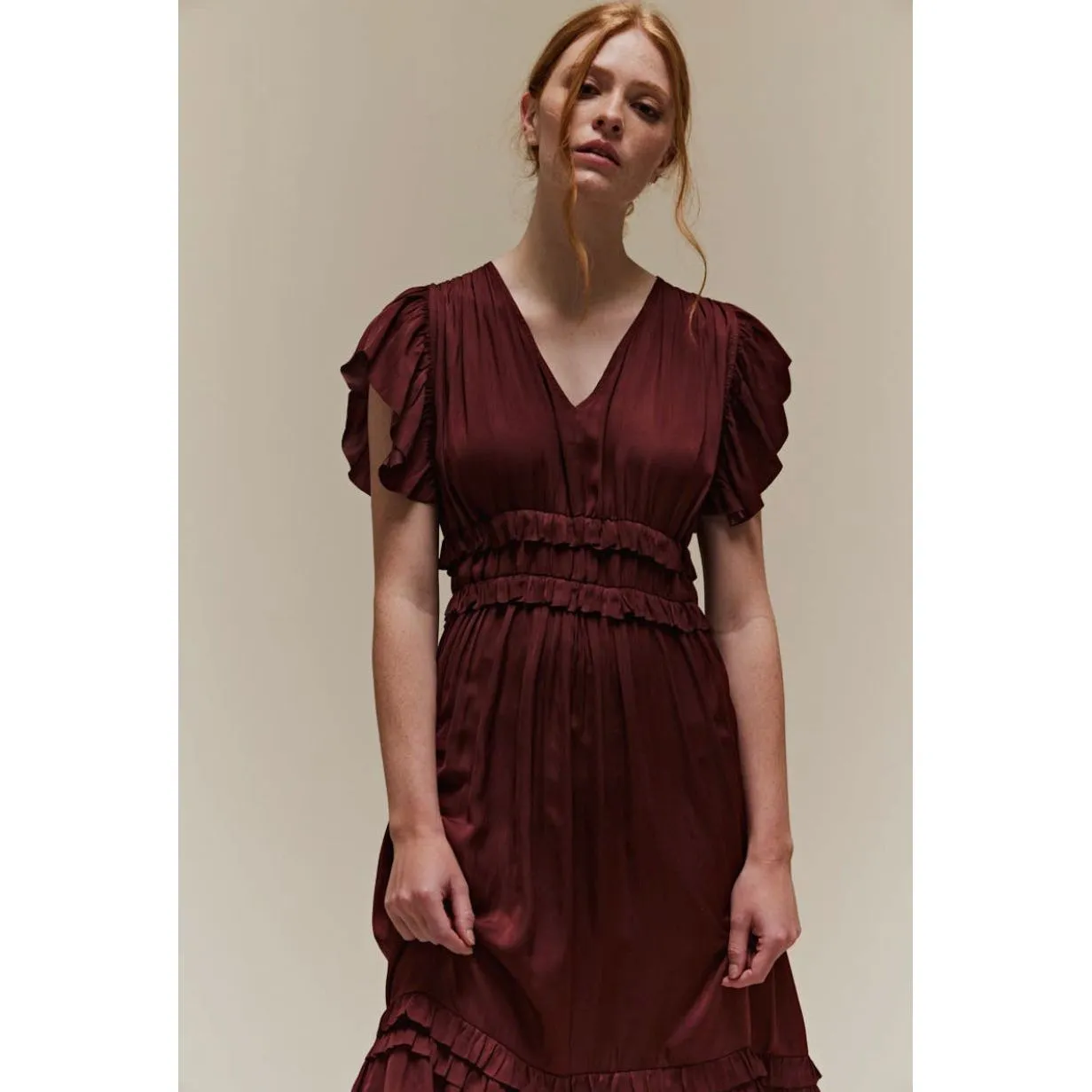 Kristelle Vino Grade and Gather Ruffled Satin V- Neck Dress -SALE