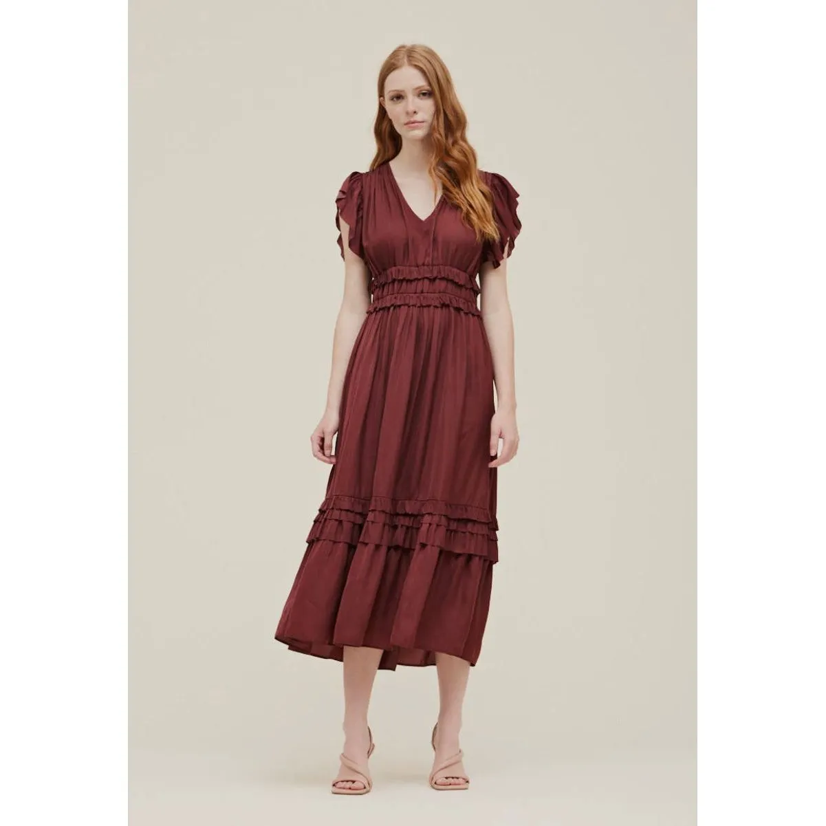 Kristelle Vino Grade and Gather Ruffled Satin V- Neck Dress -SALE