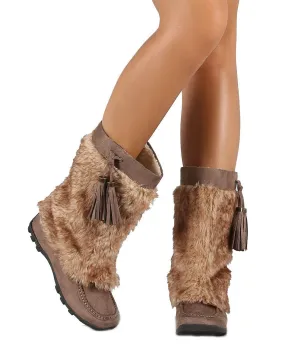 Mukluks Soft Vegan Furry Suede Tassel Winter Flat Boot Taupe