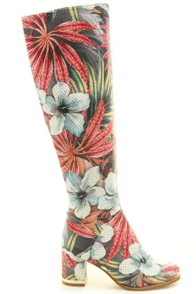 Perforated Leatherette Tropical Floral Knee High Go-Go Boot