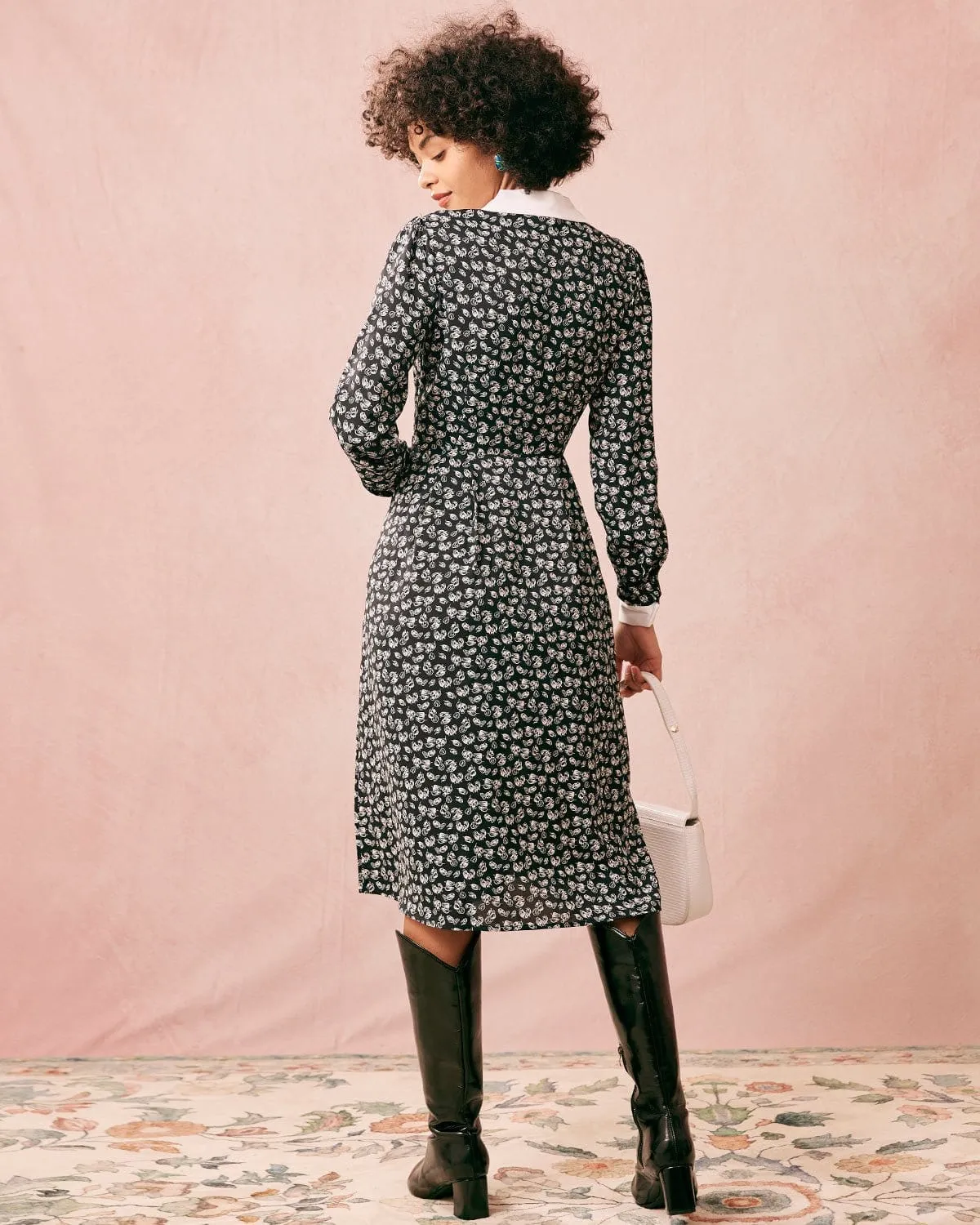 The Collared Patchwork Long Sleeve Midi Dress