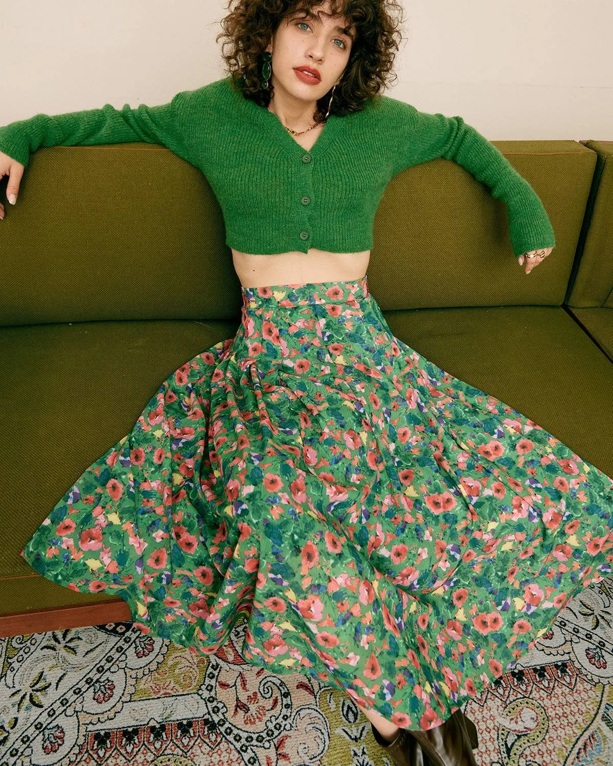 The Green Pleated Floral Skirt