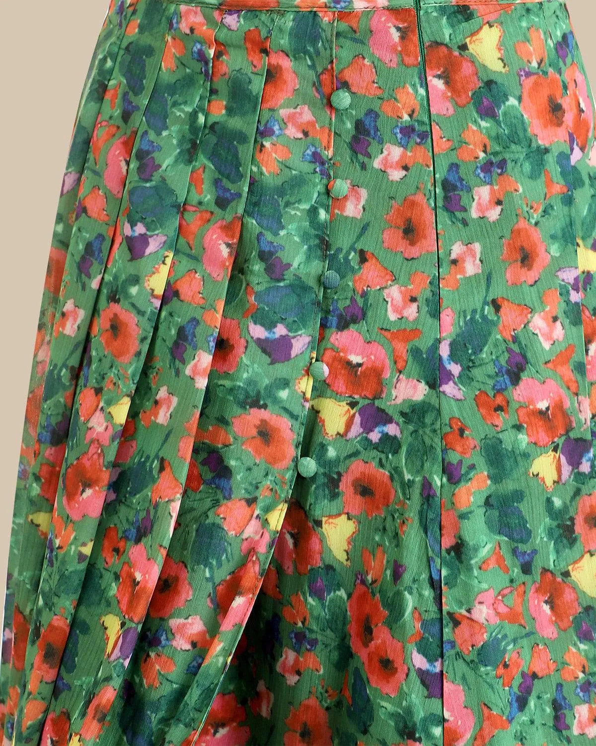 The Green Pleated Floral Skirt