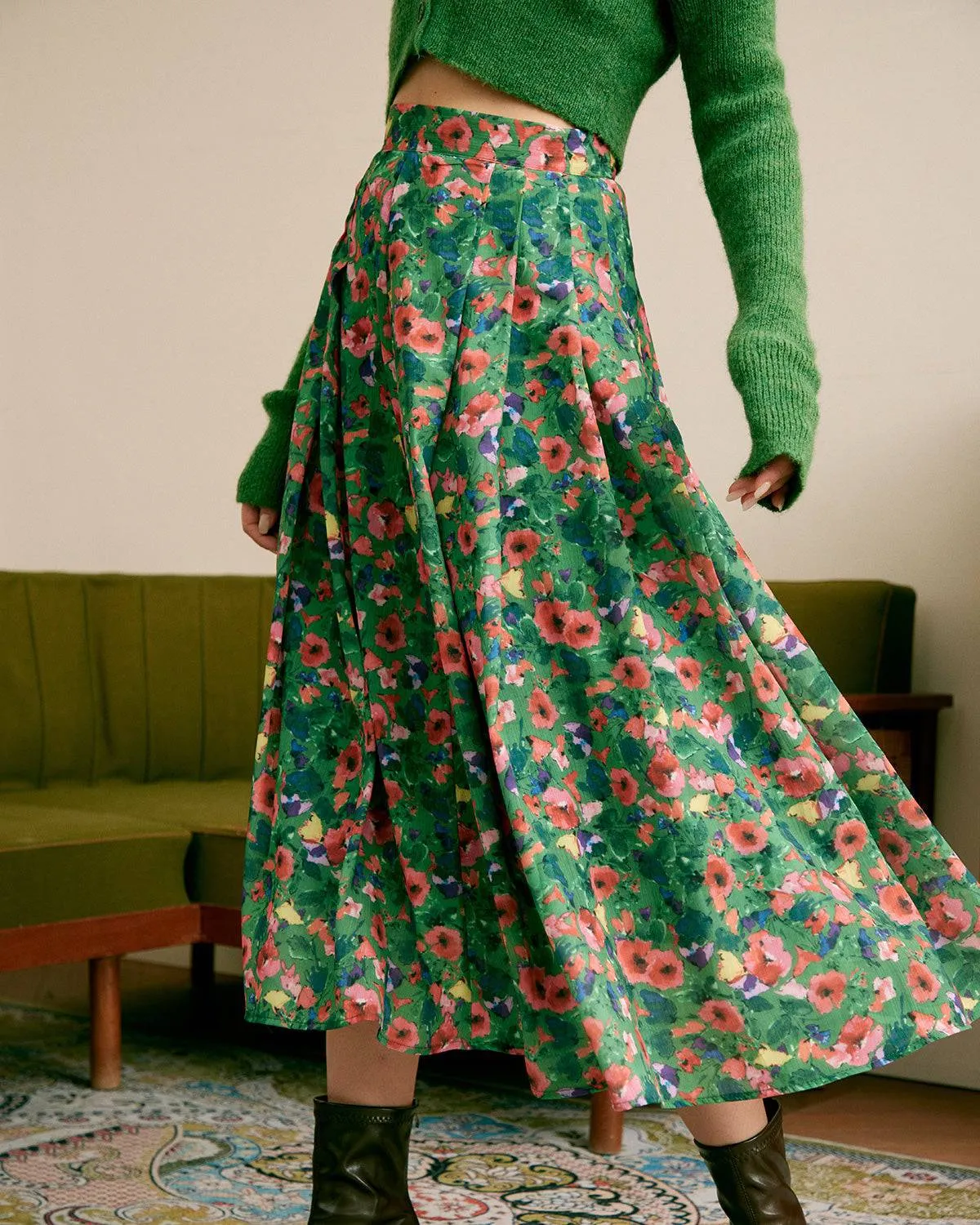 The Green Pleated Floral Skirt