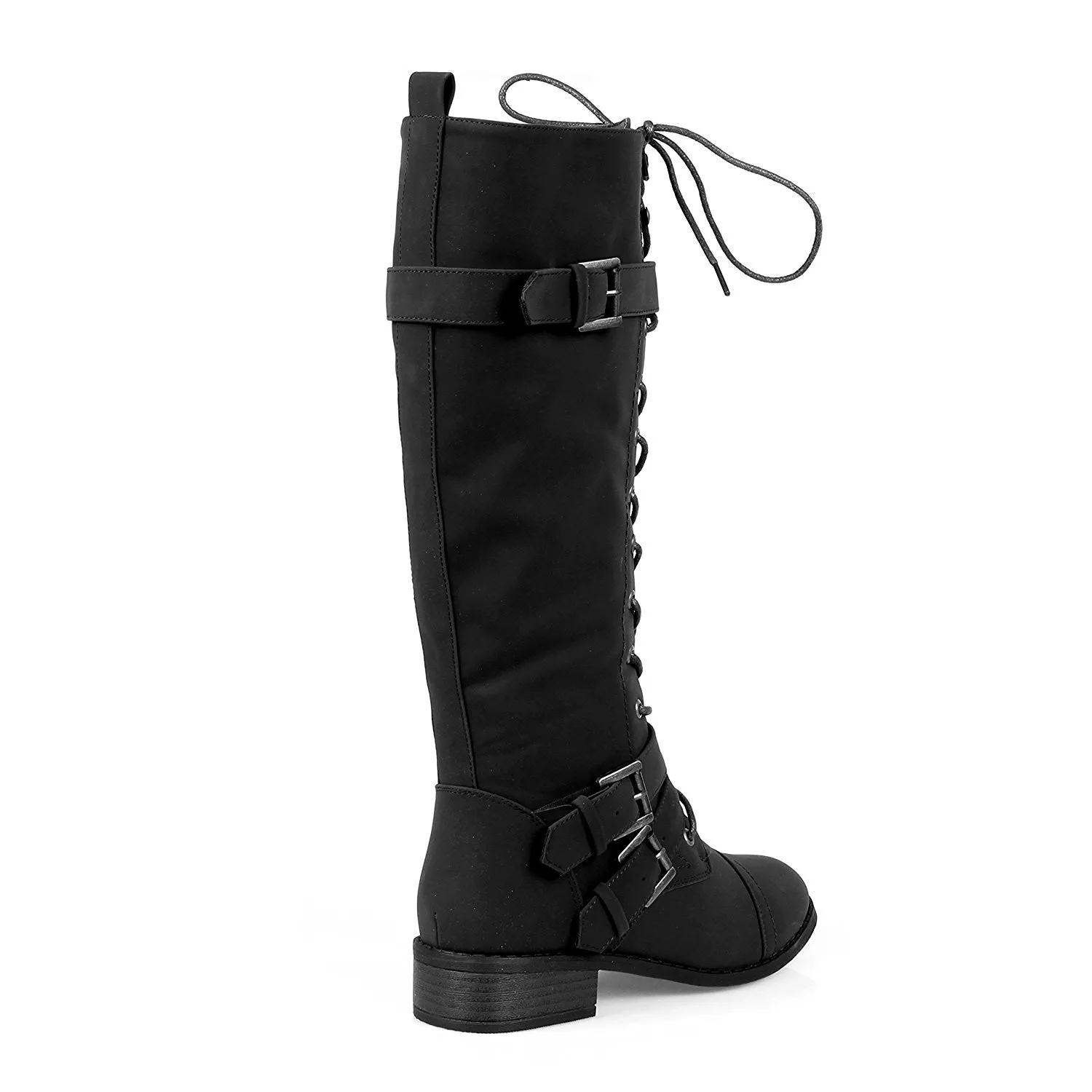 Vegan Leatherette Knee High Lace Up Harness Moto Women's Boot